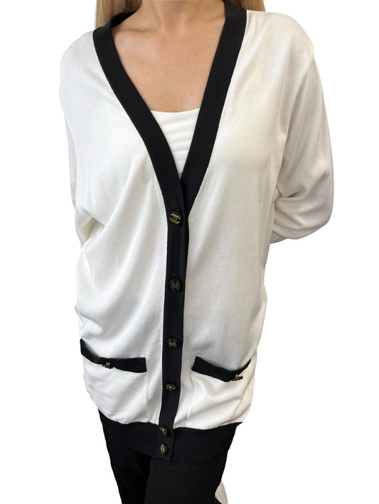 CHANEL Vintage CC Logo Button Cardigan Sweater Top #34 White Black 106908