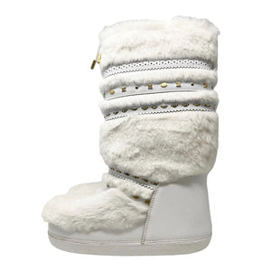 CELINE Vintage Macadam Logo Faux Fur Snow Boots #38-40 US8-10 White Gold RankAB