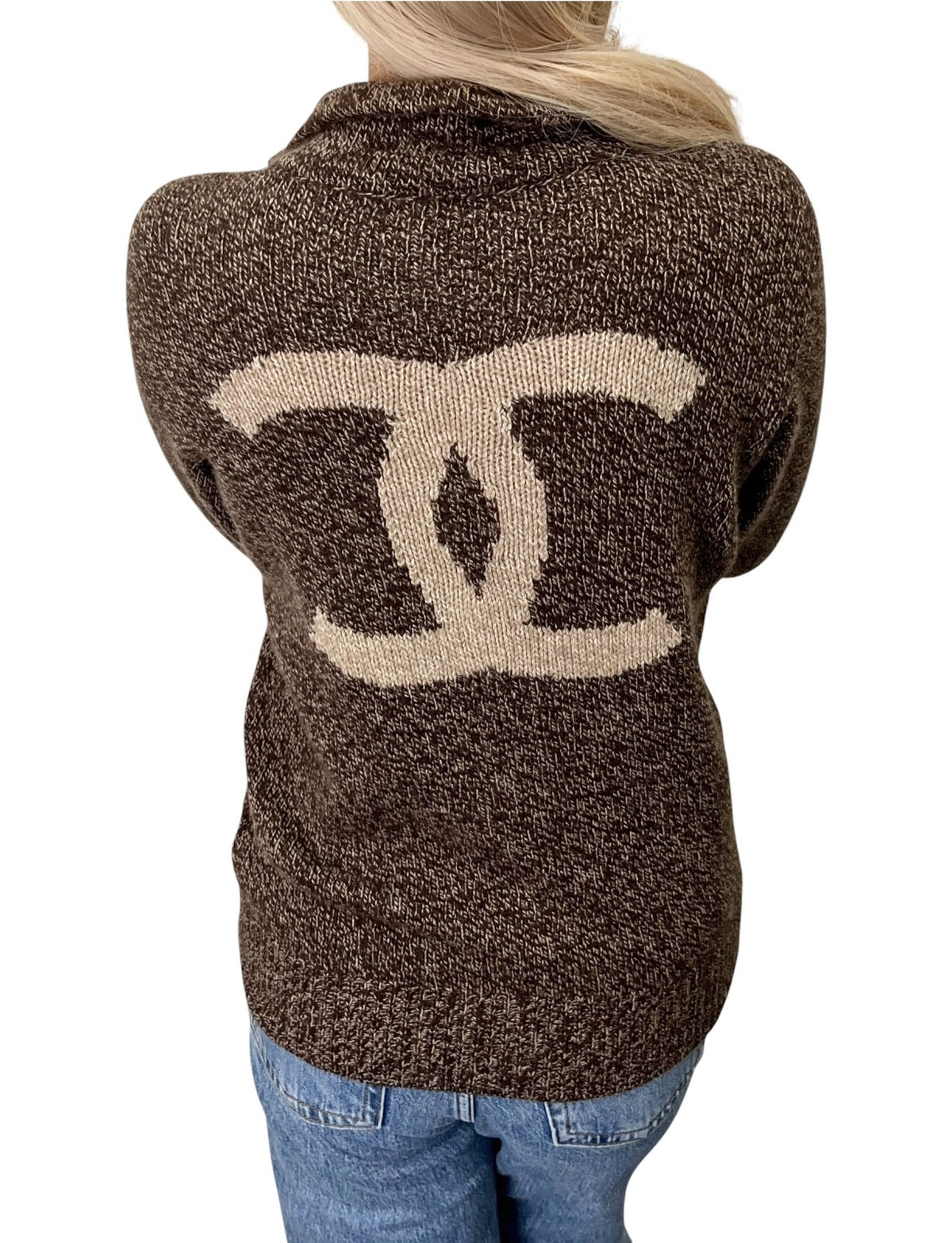 CHANEL Vintage CC Logo Cashmere Knit Zip Sweater Top Brown Beige 902479