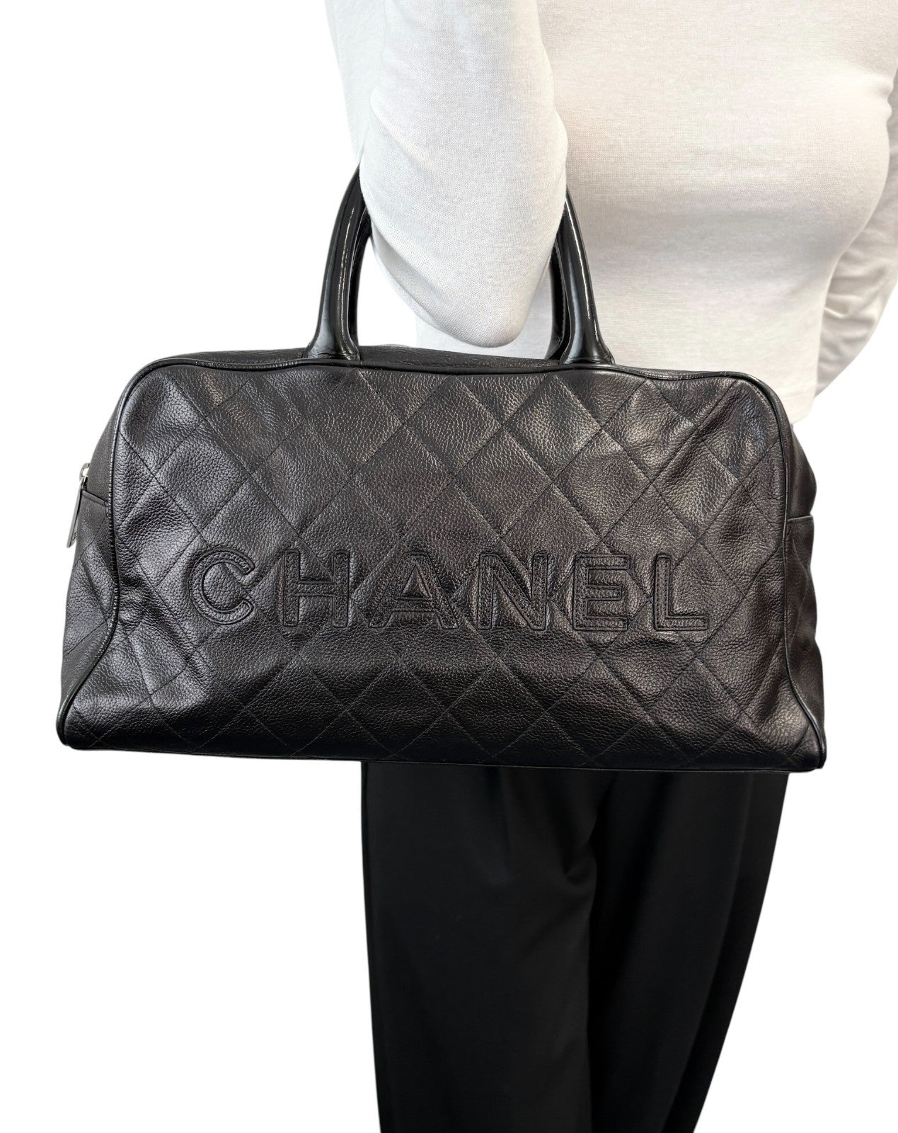 CHANEL Vintage CC Big Logo Quilted Leather Bowling Boston Bag Black Silver
