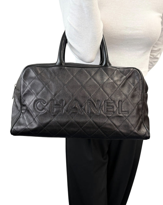 CHANEL Vintage CC Big Logo Quilted Leather Bowling Boston Bag Black Silver