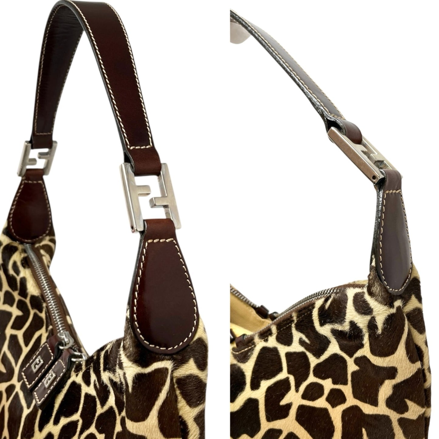 FENDI Vintage Zucca Logo Giraffe Print Shoulder Bag Brown Beige Calf Hair
