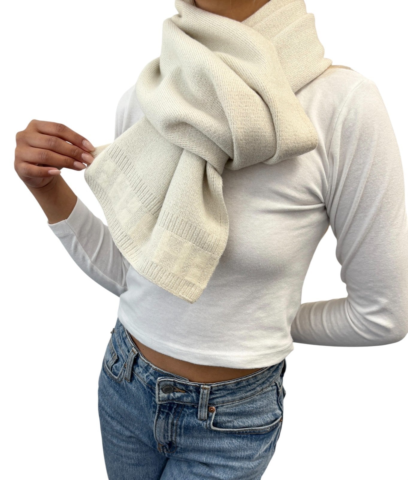 HERMES Vintage H Logo Cashmere Scarf Wrap Shawl White Silver Lurex