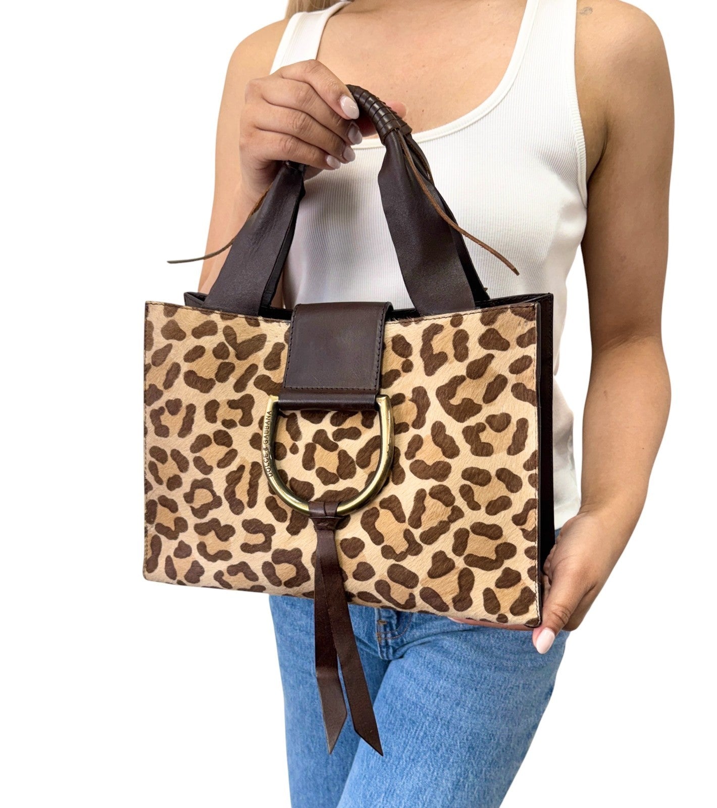 DOLCE&GABBANA Vintage Logo Leopard Pony Hair Hand Bag Beige Brown 902449