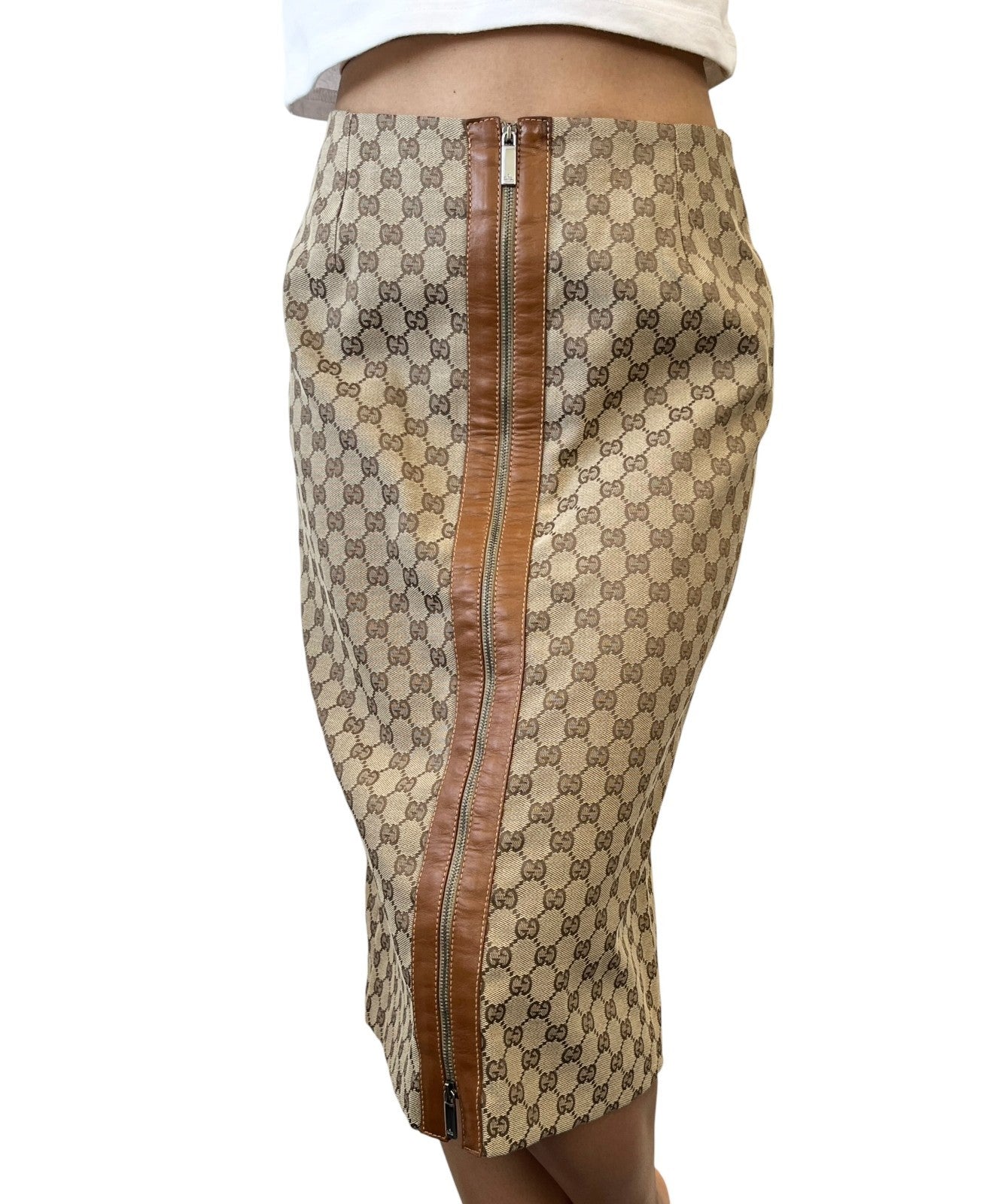 GUCCI Vintage GG Monogram Zip Knee Length Skirt #38 Beige Canvas Leather 902232