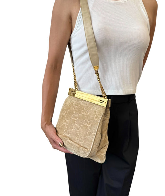 GUCCI Vintage GG Monogram Logo Shoulder Bag Crossbody Cream Gold Velour Leather