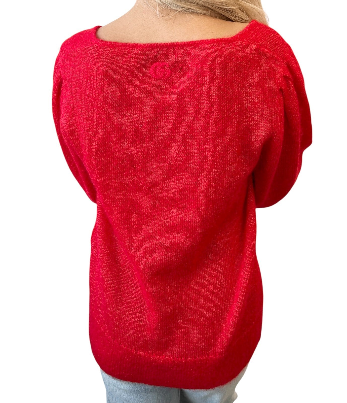 GUCCI Vintage Logo Feather Fur Trimmed Sweater Knit Top #M Red Mohair Silk Wool