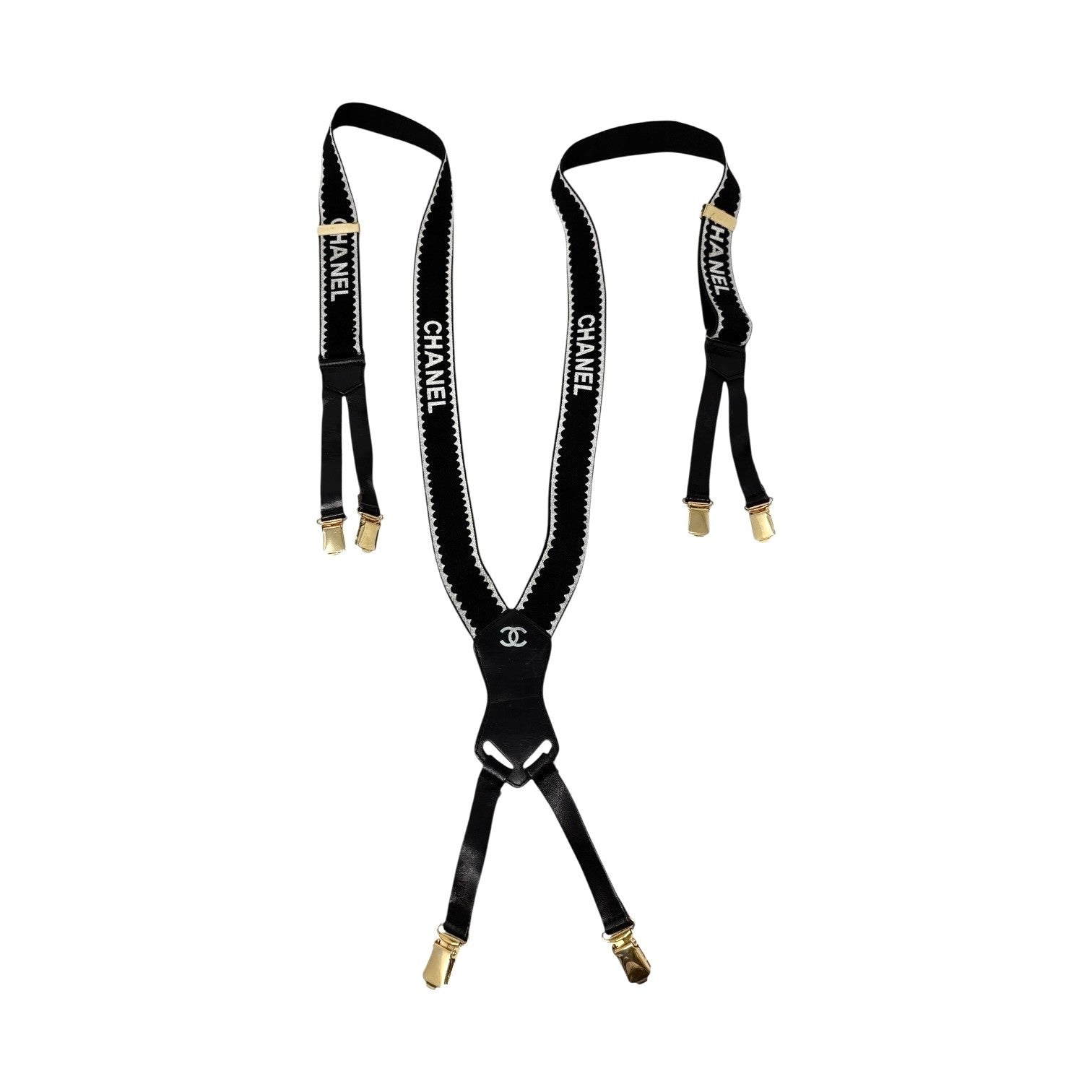 CHANEL Vintage 1994 CC Logo Letter Suspender Belt Black White Cotton Leather