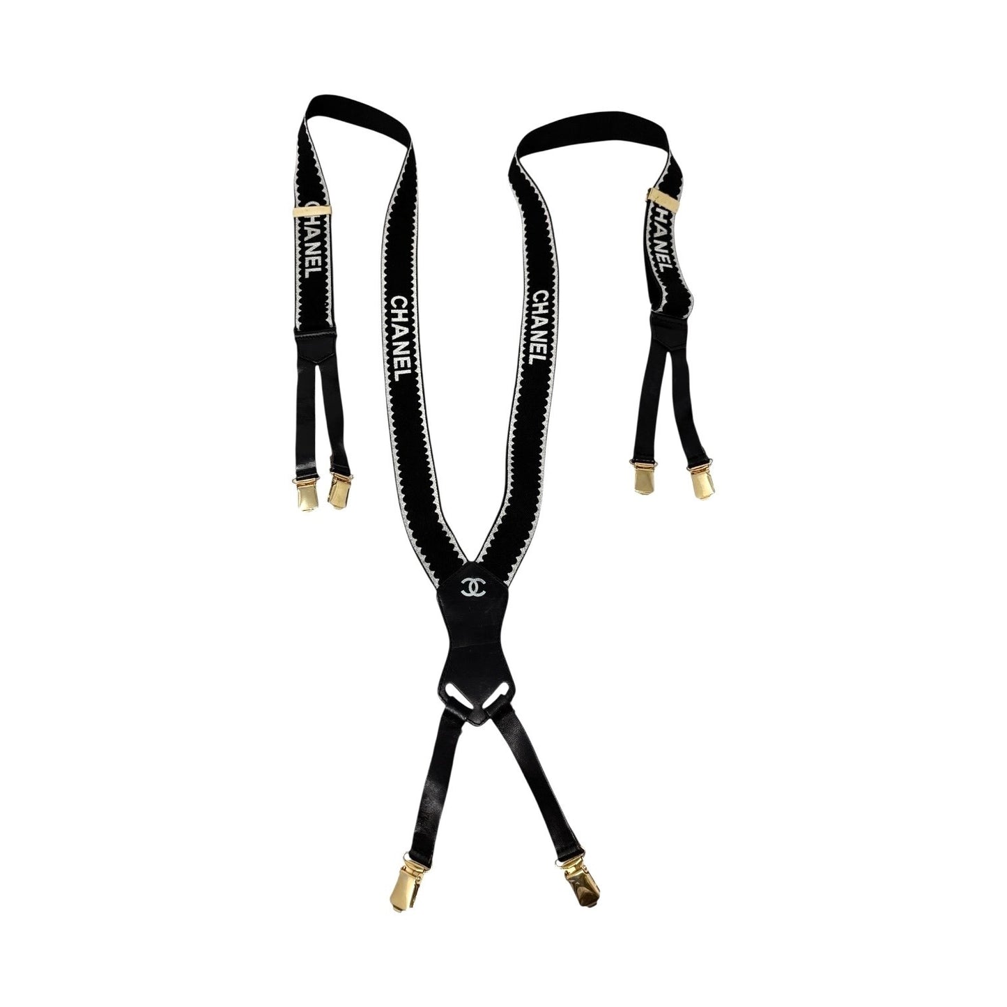 CHANEL Vintage 1994 CC Logo Letter Suspender Belt Black White Cotton Leather