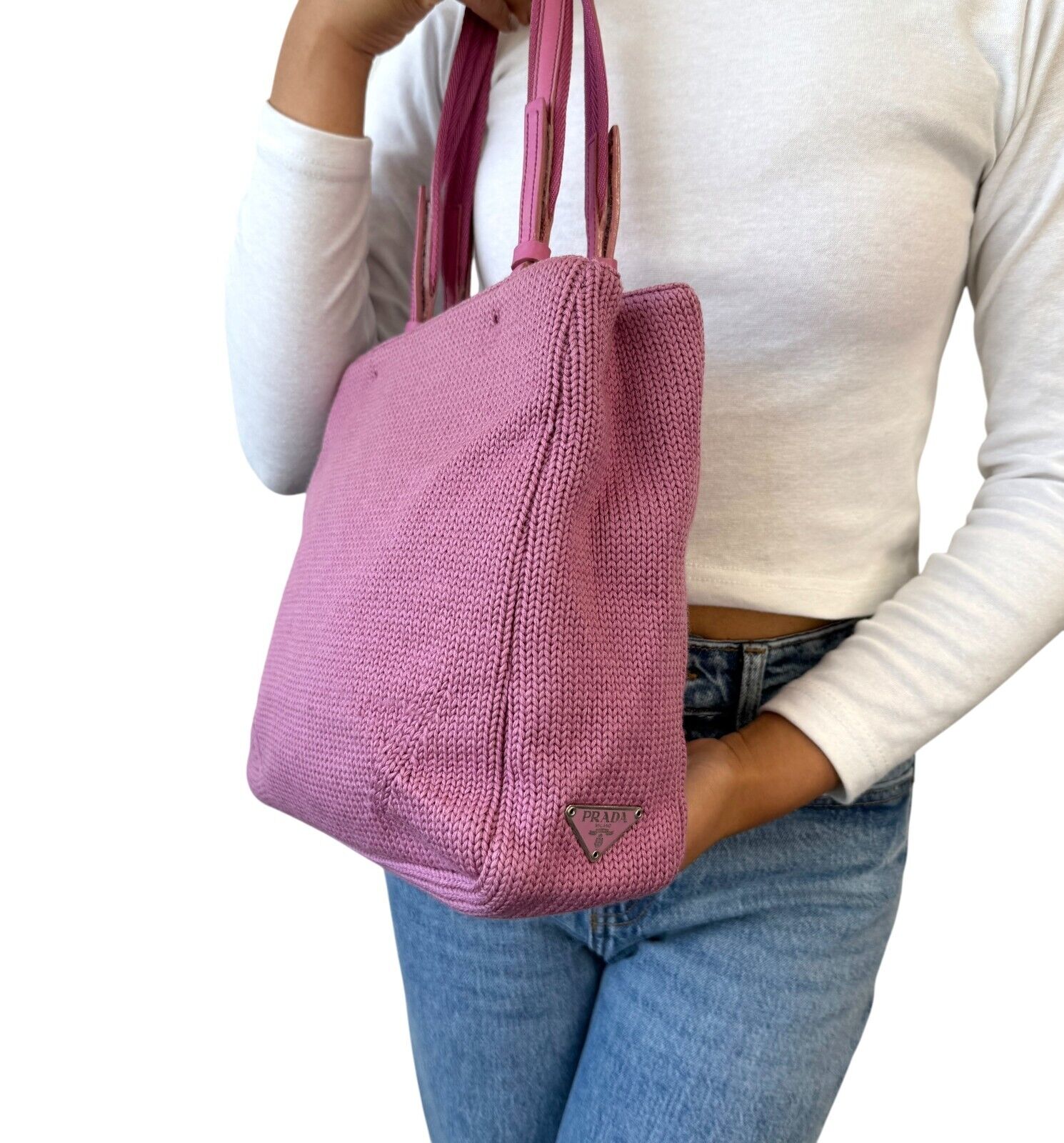 PRADA Vintage Logo Knit Tote Bag Shoulder Bag Pink Silver Wool Leather