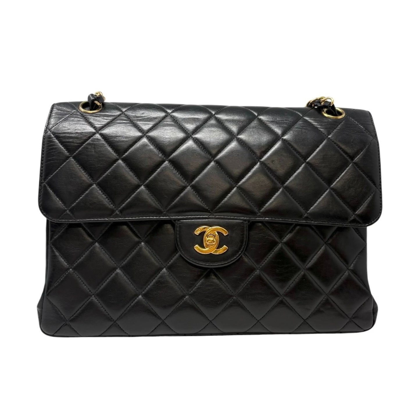 CHANEL Vintage CC Logo Quilted Double Flap Shoulder Bag Black Leather 902285