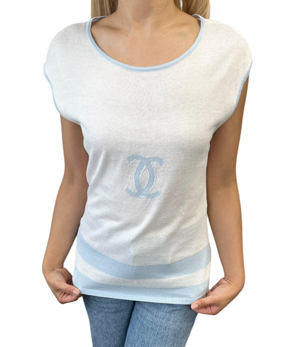 CHANEL Vintage 00S CC Logo Knit Tank Top #42 Sleeveless Blue White 901947