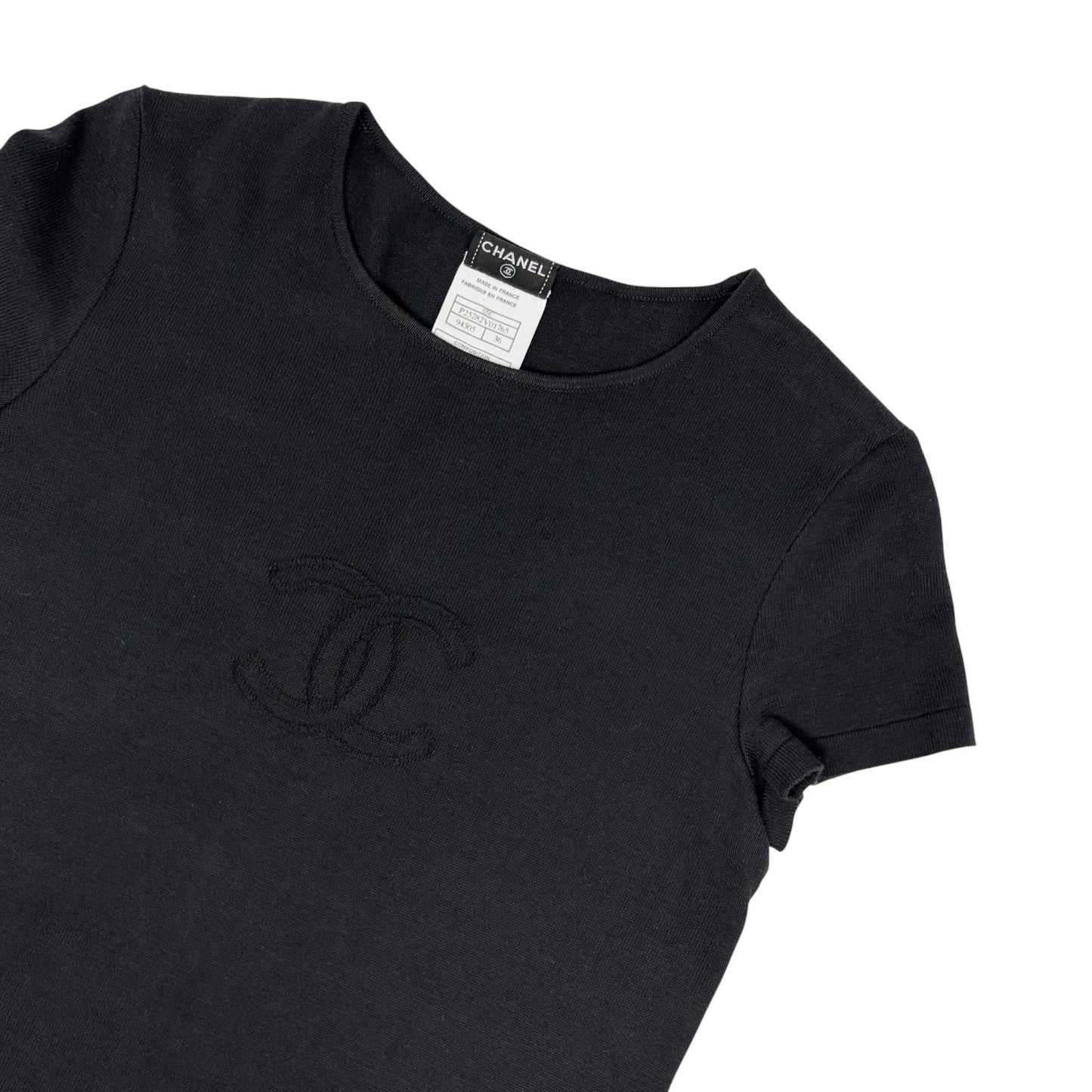 CHANEL Vintage 05C CC Logo Knit Top T-shirt #36 Black Cotton 902017