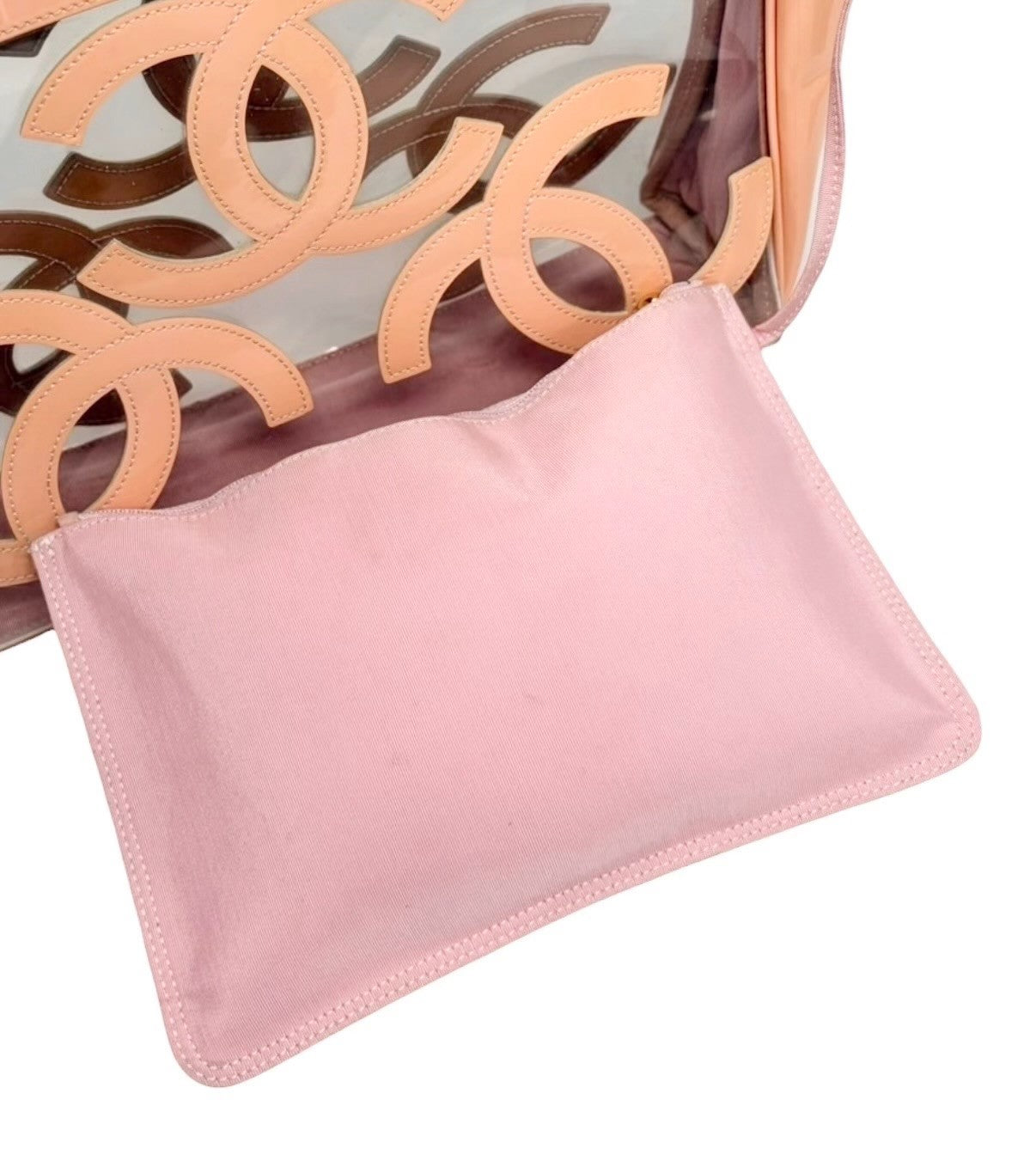 CHANEL Vintage Triple CC Logo Clear Tote Shoulder Bag Pink Beige Pouch 902078
