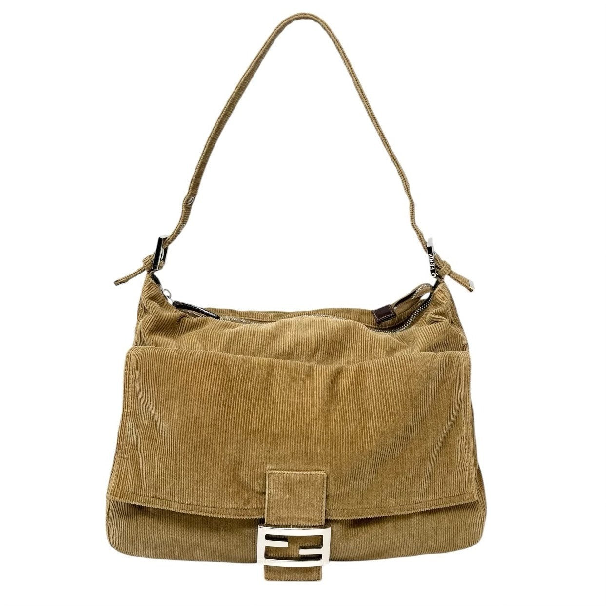 FENDI Vintage FF Logo Mamma Baguette Corduroy Shoulder Bag Beige Silver