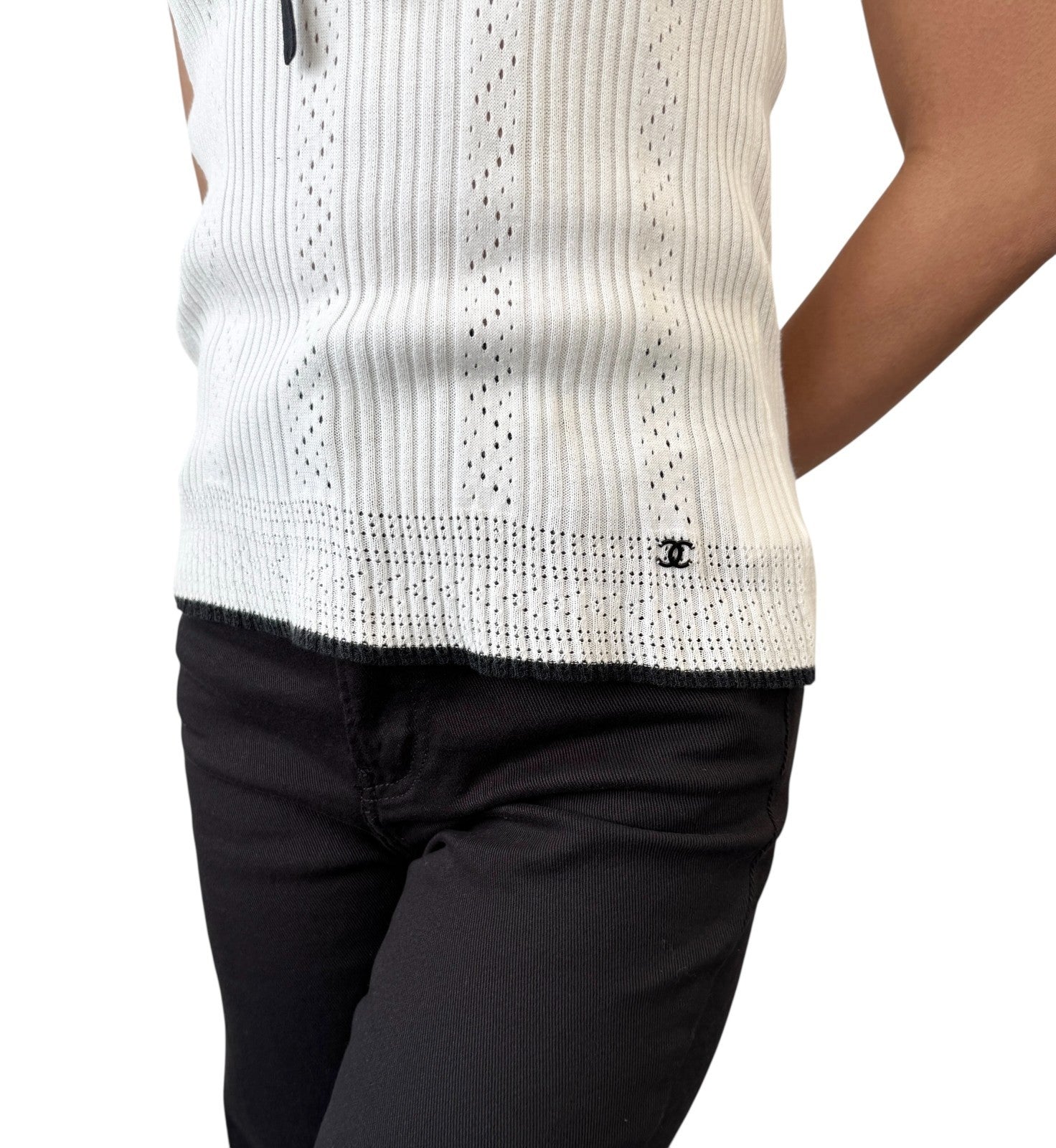 CHANEL Vintage 05C CC Logo Ribbed Knit Ribbon T-shirts Top #38 White Black