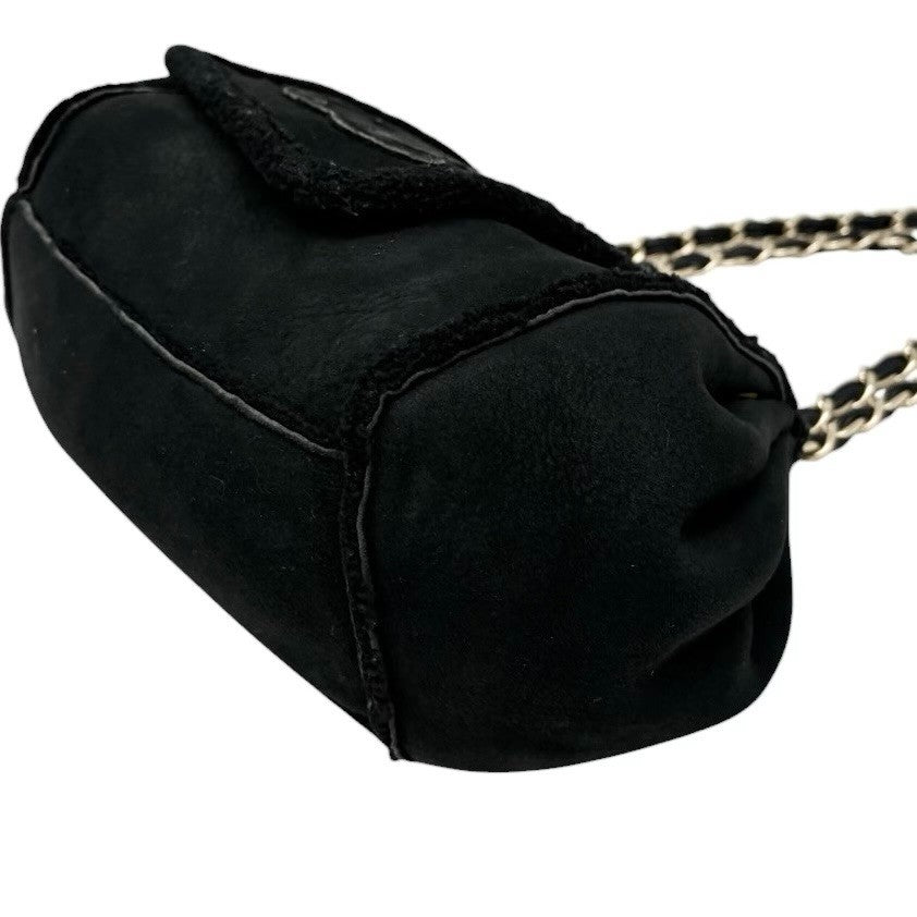 CHANEL Vintage CC Logo Mouton Chain Shoulder Bag Black Gold Suede 902831