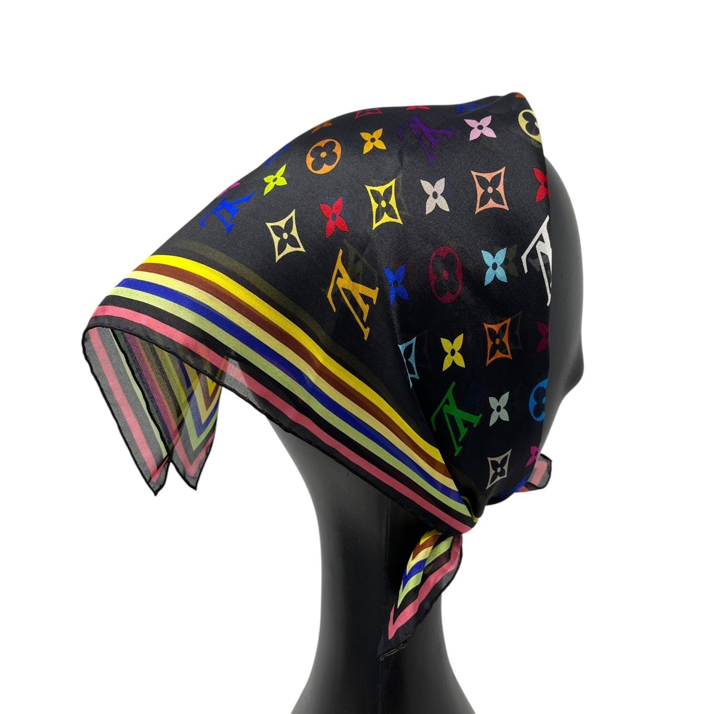 LOUIS VUITTON Vintage LV Logo Monogram Multicolor Scarf Wrap Black Silk 902226
