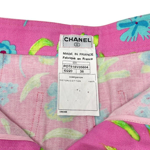 CHANEL Vintage E97 CC Logo Mini Skirt #38 Flower Pink Blue Cotton Rank AB