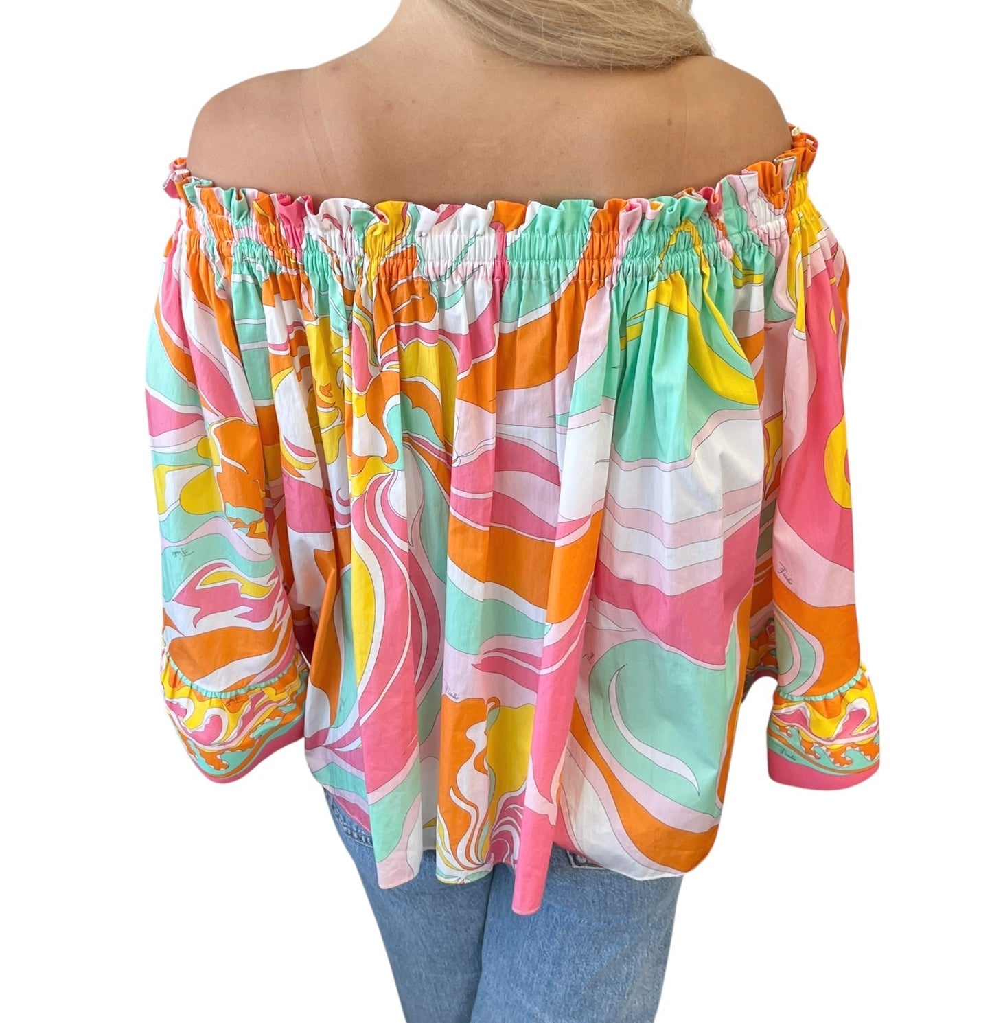 EMILIO PUCCI Vintage Multicolor Printed Scoop Neck Off-Shoulder Top #36 Cotton