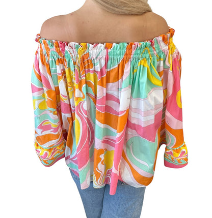 EMILIO PUCCI Vintage Multicolor Printed Scoop Neck Off-Shoulder Top #36 Cotton 902664