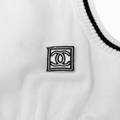 CHANEL Sport Vintage 04S CC Logo Patch Tank Top Tunic #38 White Black Cotton