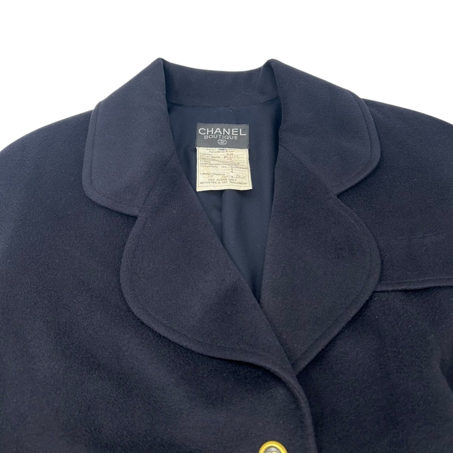 CHANEL Vintage 94A CC Logo Long Coat Button Jacket #40 Dark Blue Gold Cashmere