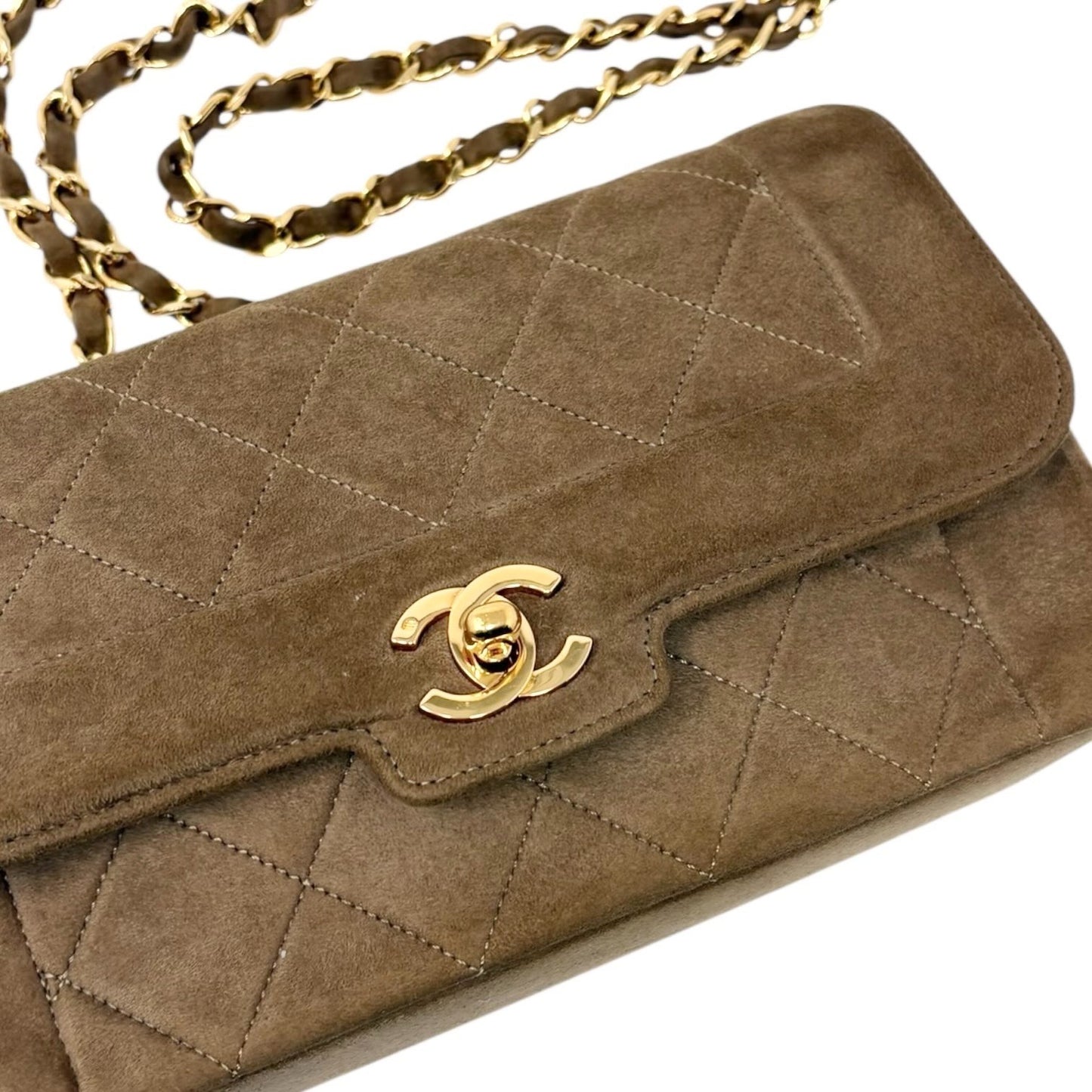 CHANEL Vintage CC Logo Turnlock Quilted Suede Flap Bag Brown Gold