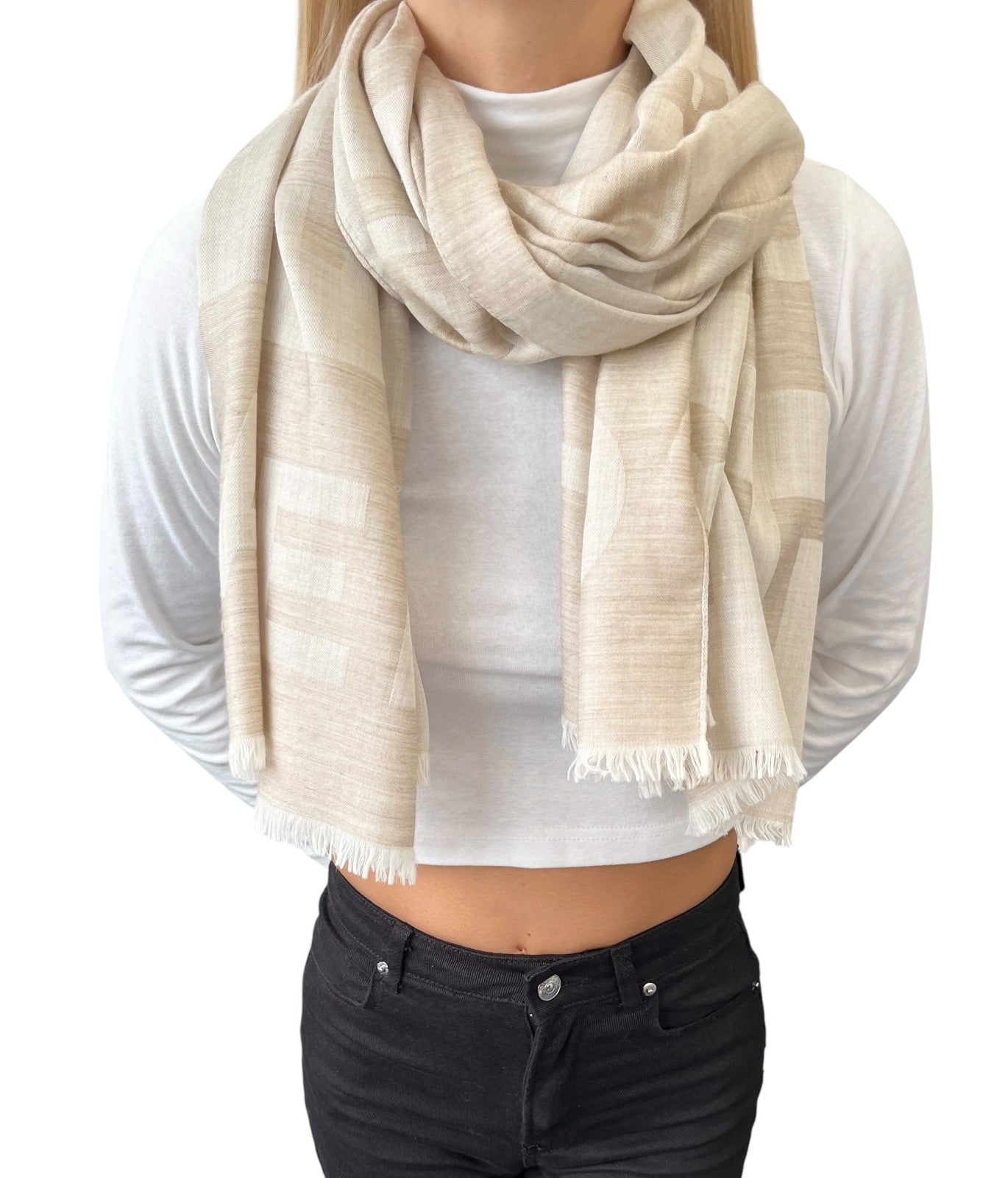 CHANEL Vintage CC Logo Scarf Wrap Shawl Fringe Accessory Beige Silk Cashmere
