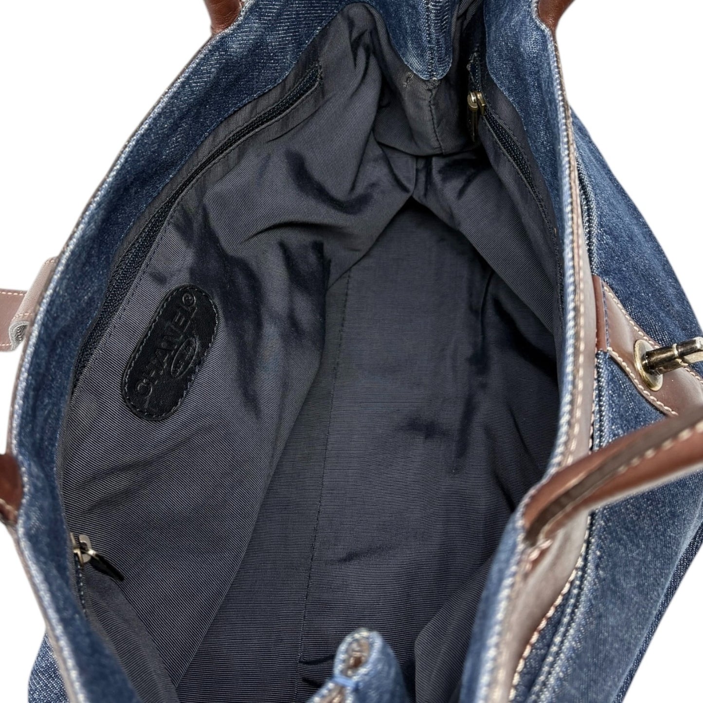 CHANEL Vintage CC Logo Denim Turnlock Tote Shoulder Bag Blue Brown Leather