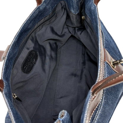 CHANEL Vintage CC Logo Denim Turnlock Tote Shoulder Bag Blue Brown Leather