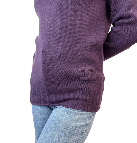CHANEL Vintage P44576 CC Logo Sweater Top #34 Pullover Purple Cashmere
