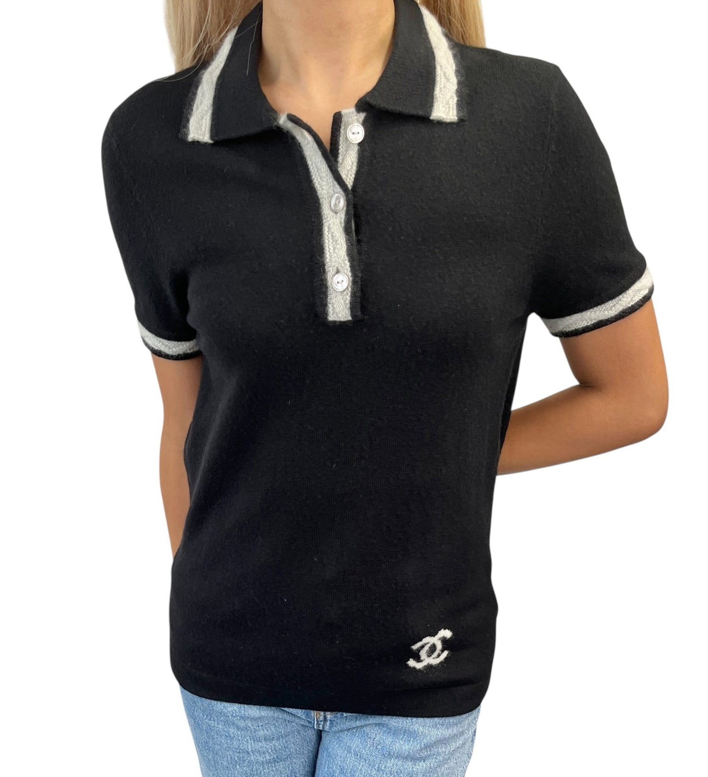 CHANEL Vintage 04A CC Logo Knit Polo Shirt Top Sweater #38 Cashmere Black