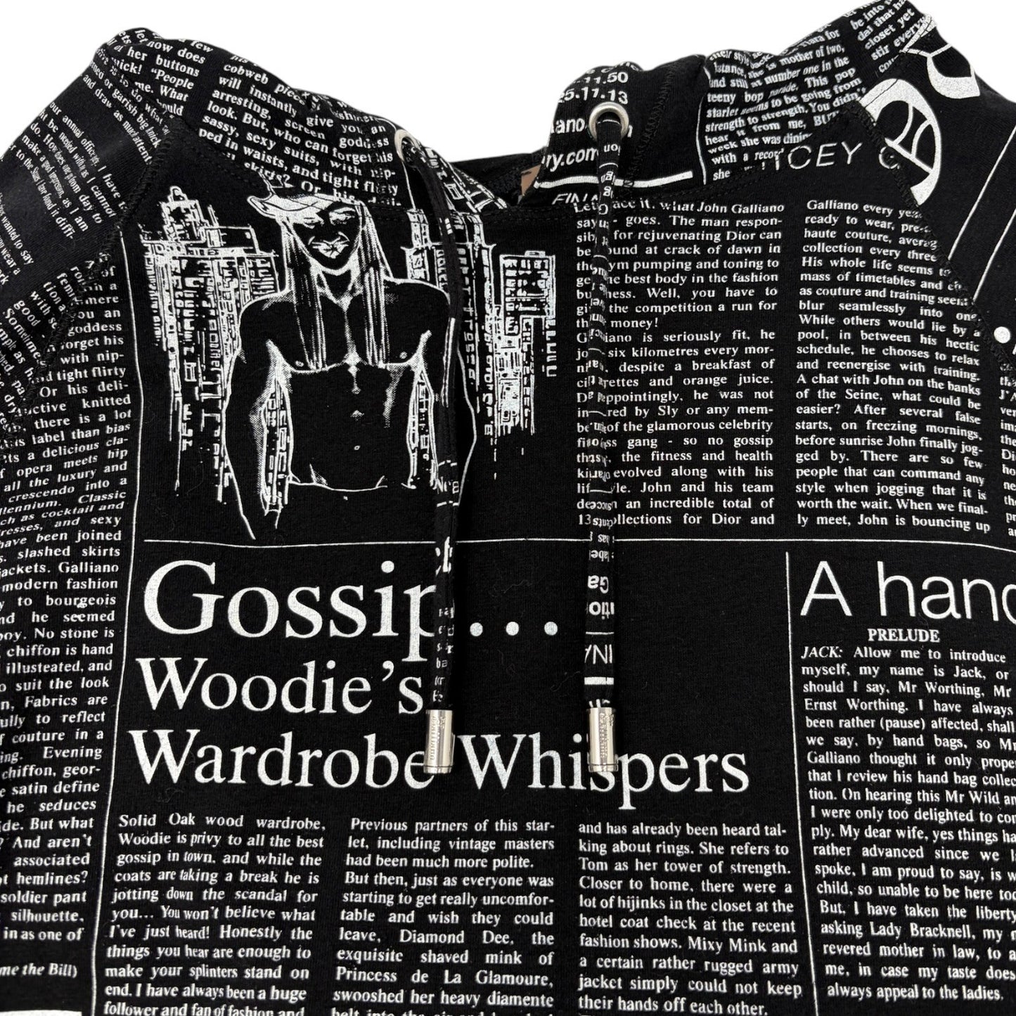 John Galliano Vintage Newspaper Print Hoodie Top Pants Set #XS Black 902549