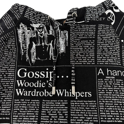 John Galliano Vintage Newspaper Print Hoodie Top Pants Set #XS Black 902549