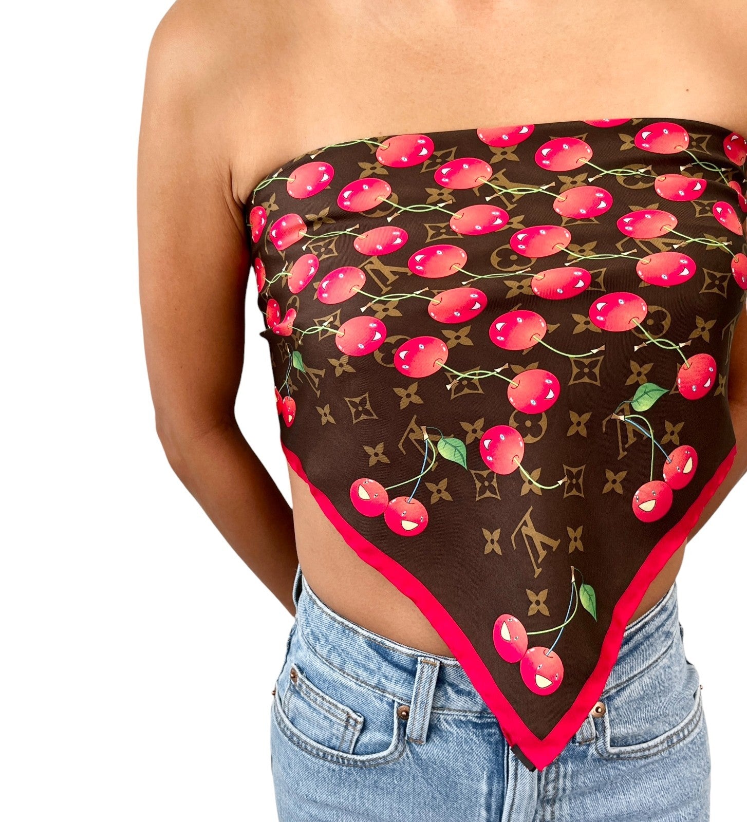 LOUIS VUITTON Vintage LV Logo Monogram Cherry Scarf Brown Red Silk Murakami