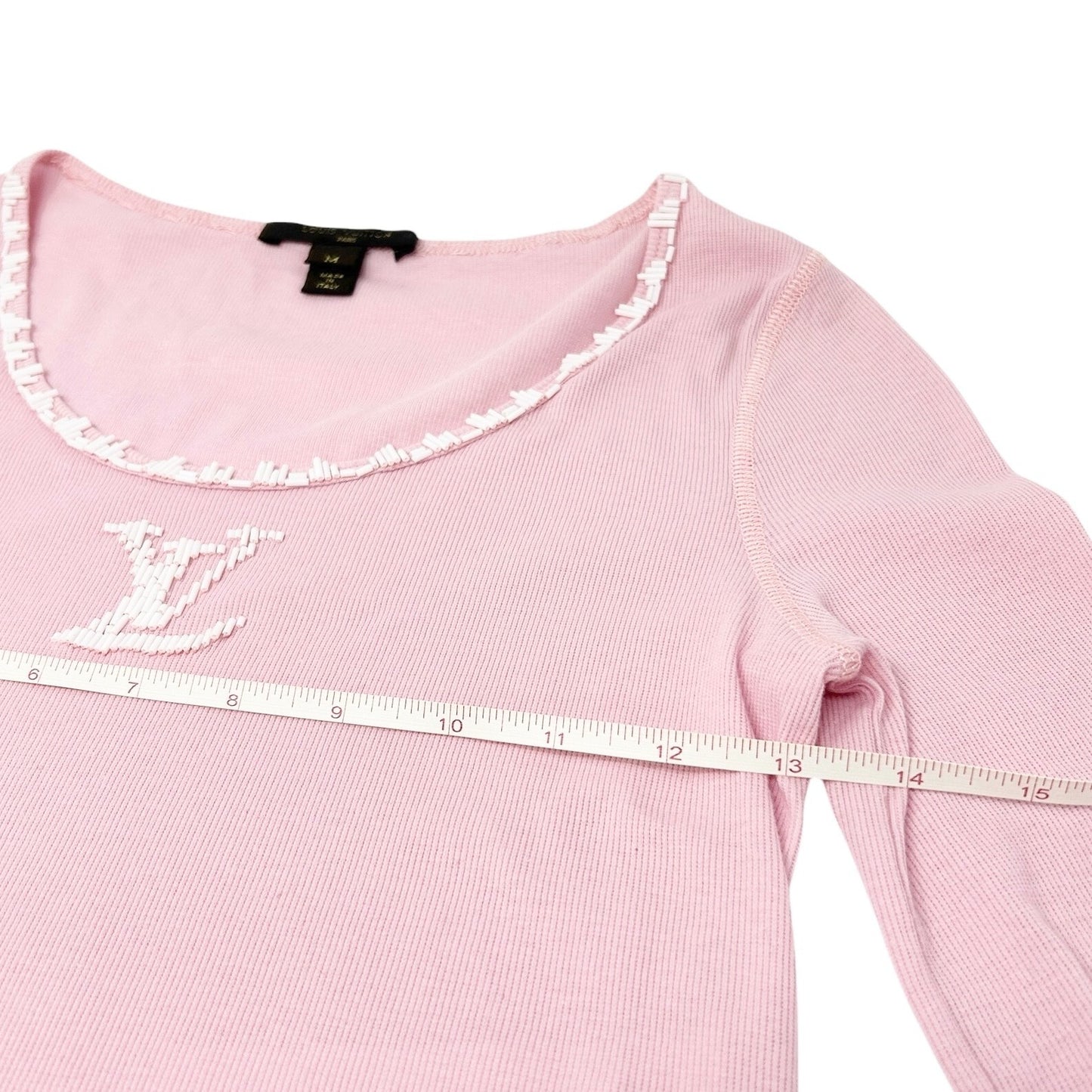 LOUIS VUITTON Vintage LV Logo 3/4 Sleeve Top #M Pink White Cotton Beads
