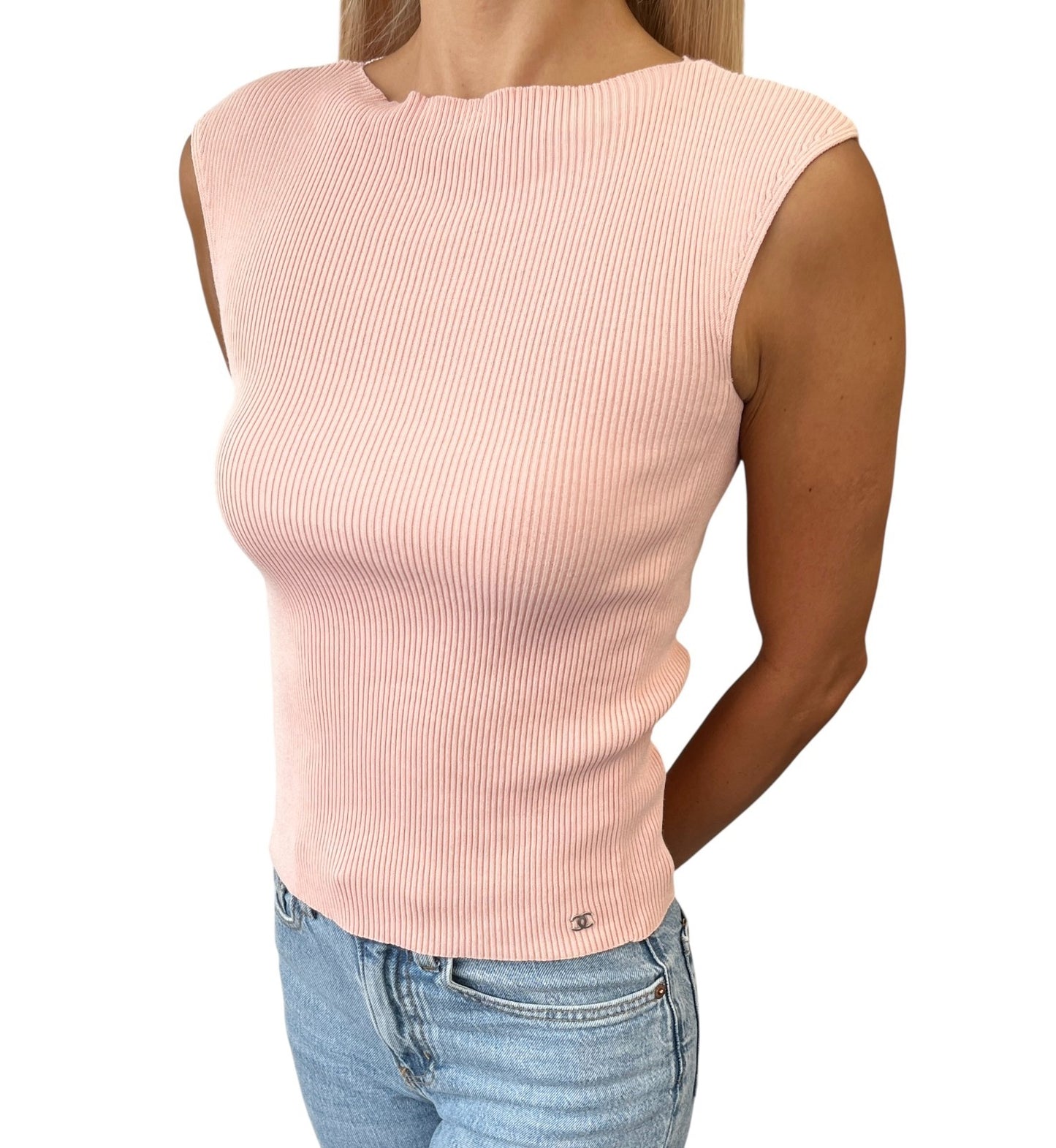 CHANEL Vintage 99P CC Logo Sleeveless Rib Knit Tank Top #38 Rayon Cotton Pink