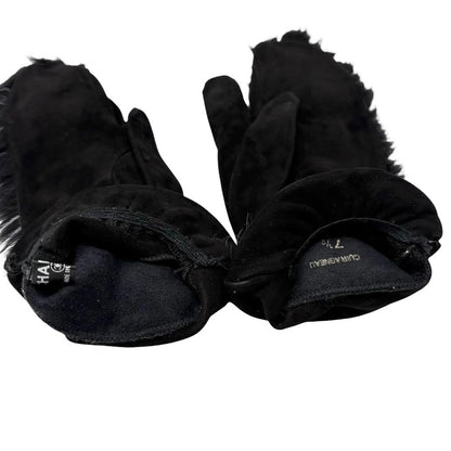 CHANEL Vintage CC Logo Fur Gloves Mittens #7.5 Black White Suede 902358