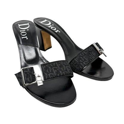 Christian Dior Vintage Trotter Monogram Sandals Heels #37 Black Silver 902027