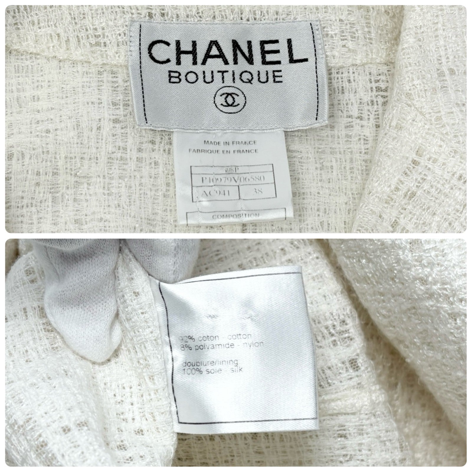 CHANEL Vintage 98P CC Logo Button Boucle Tweed Blazer Jacket #38 White Silver