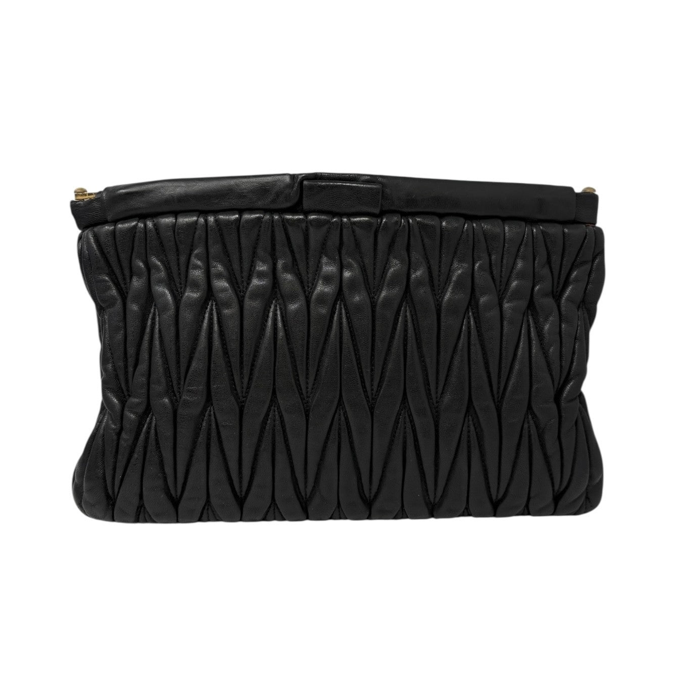 Miu Miu Vintage Logo Gather Clutch Bag Handbag Matelasse Gold Black Leather