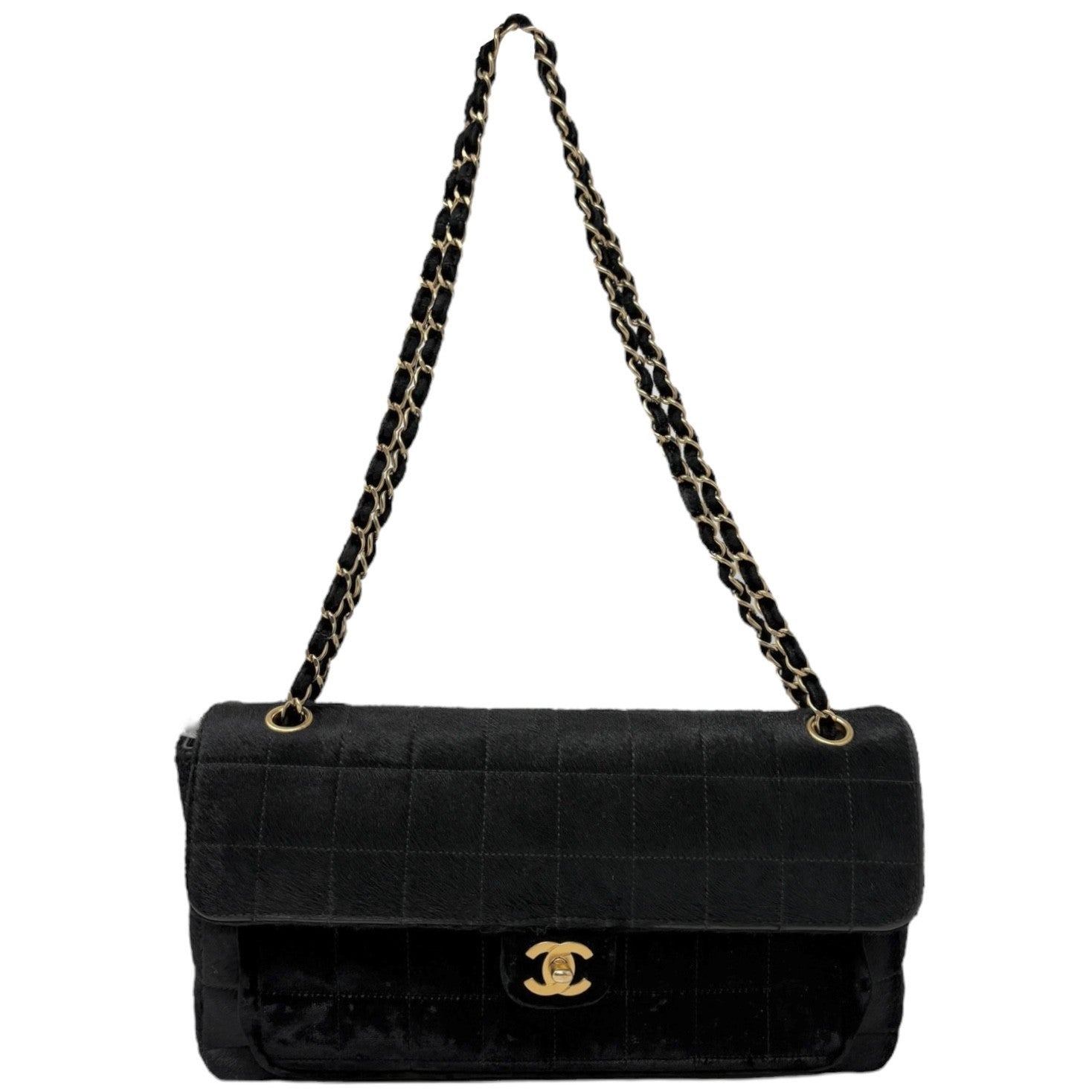 CHANEL Vintage CC Chocolate Bar Flap Pony Calf Hair Shoulder Bag Black Gold