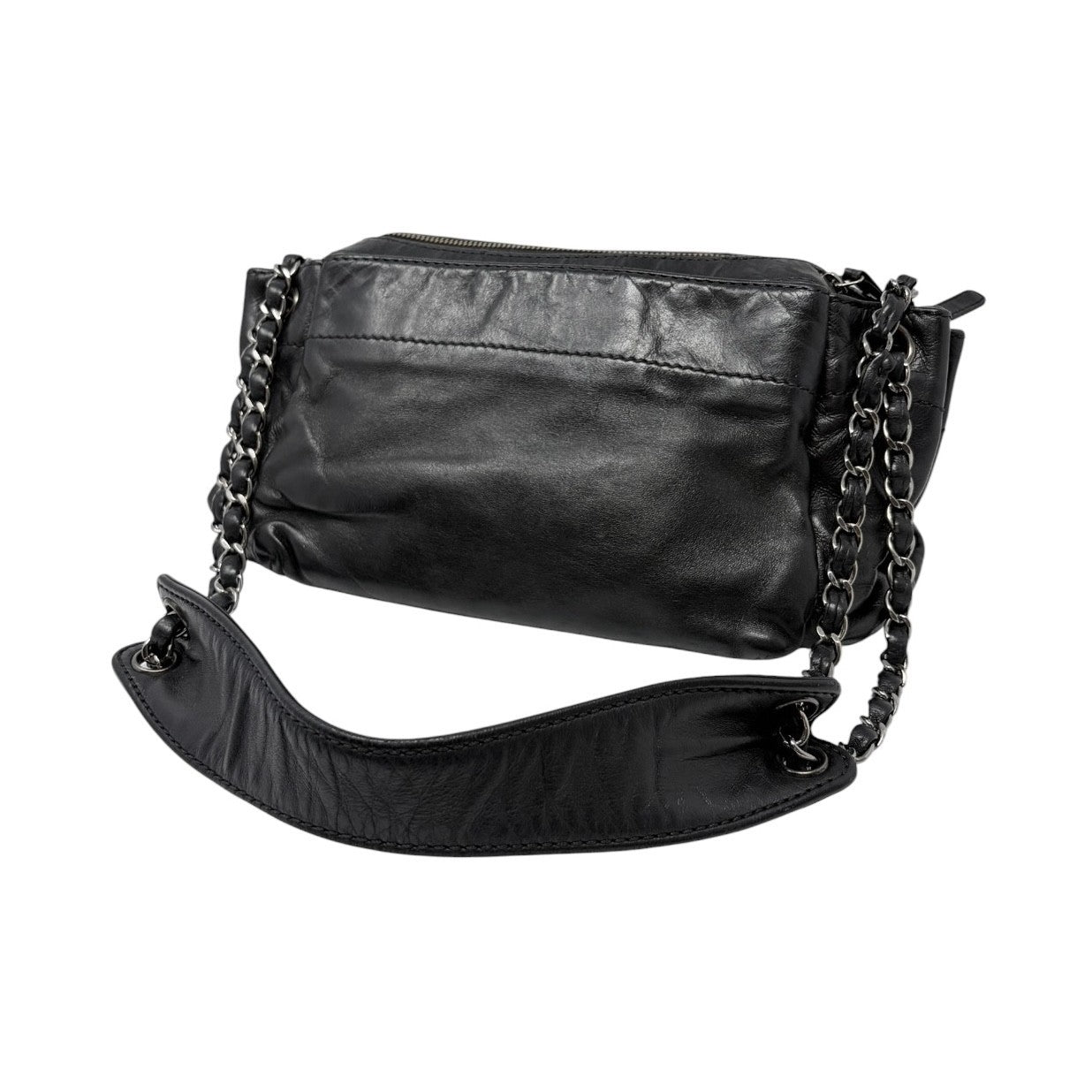CHANEL Vintage Logo Plate Chain Shoulder Bag Black Silver Leather 902441