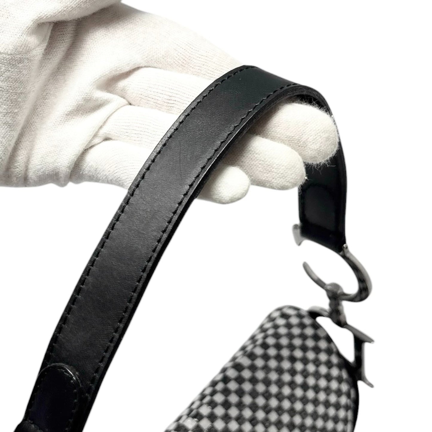 Christian Dior Vintage 2002 Checkered Glitter Saddle Bag Black Silver Cotton