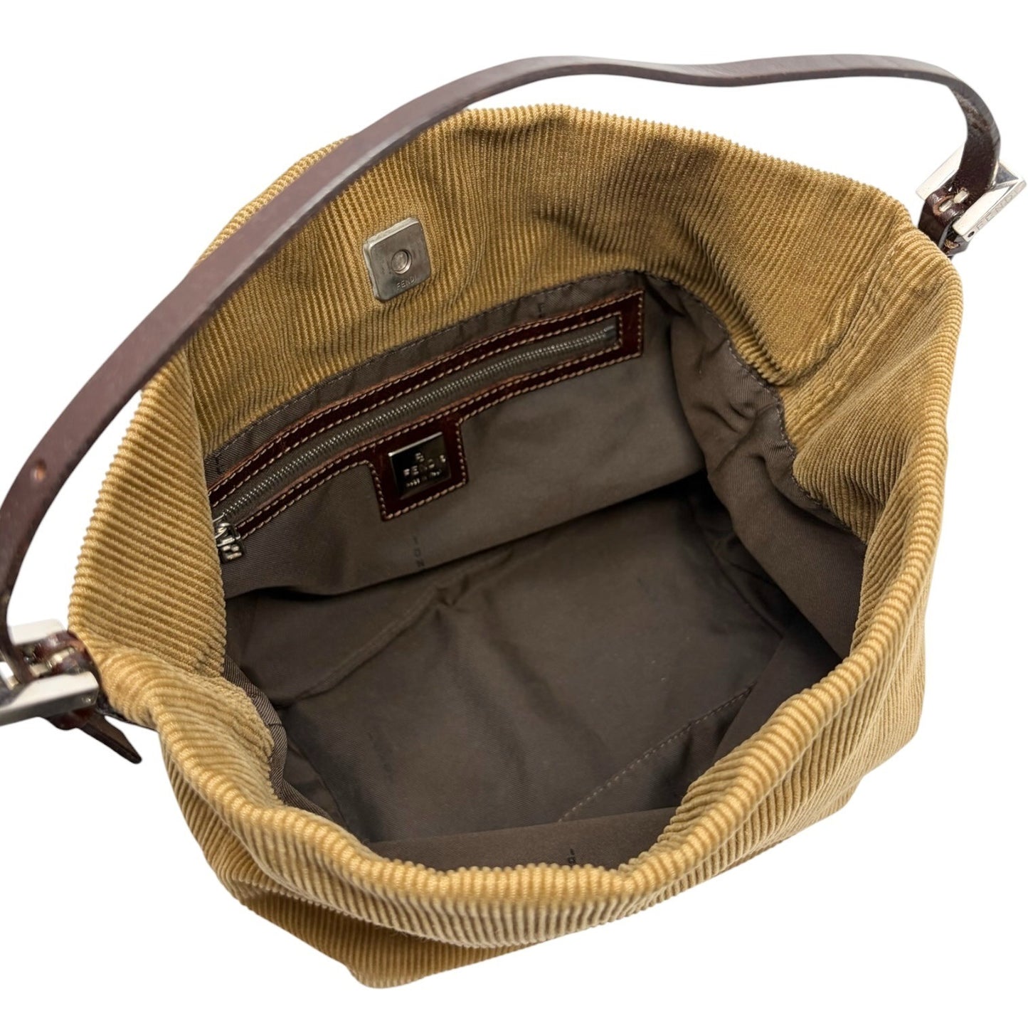 FENDI Vintage FF Logo Corduroy Pochette Shoulder Bag Beige Silver Brown 901847