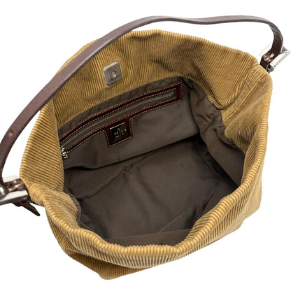 FENDI Vintage FF Logo Corduroy Pochette Shoulder Bag Beige Silver Brown 901847