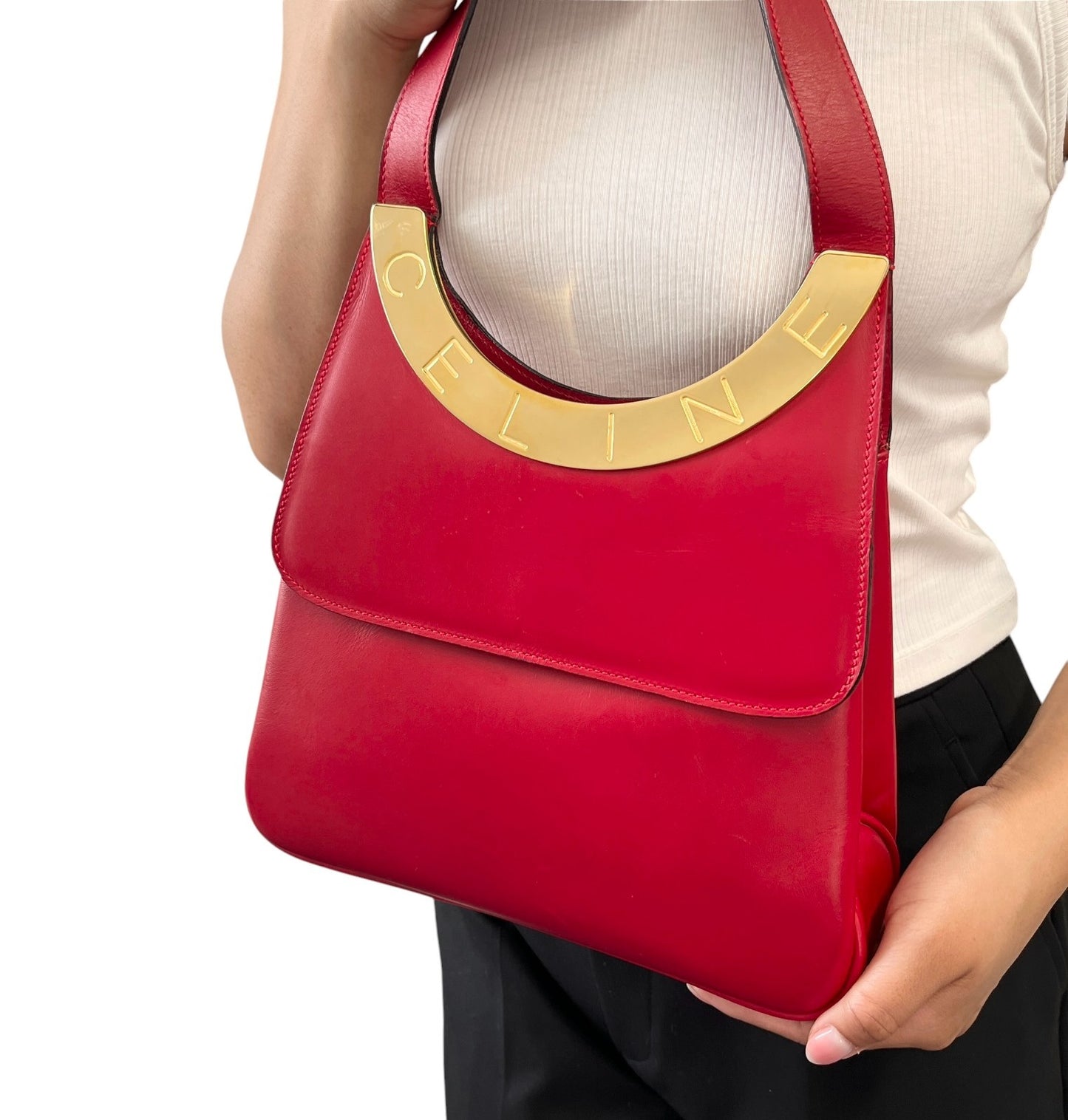 CELINE Vintage Logo Circle Flap 2way Shoulder Bag Red Gold Leather 902080