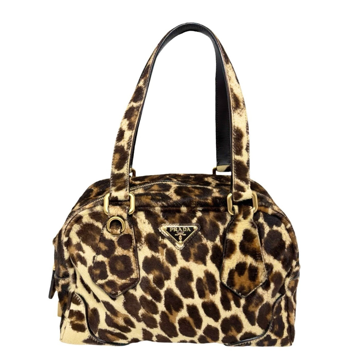 PRADA Vintage Leopard Pony Calf Hair Shoulder Top Handle Bag Cream Brown 902393