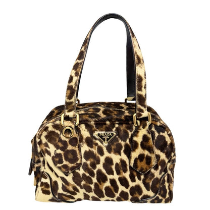 PRADA Vintage Leopard Pony Calf Hair Shoulder Top Handle Bag Cream Brown 902393